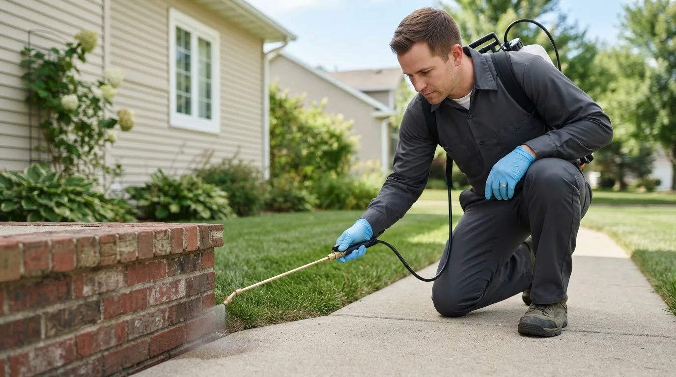 Pest control technician treating a home near Jersey Mills, PA